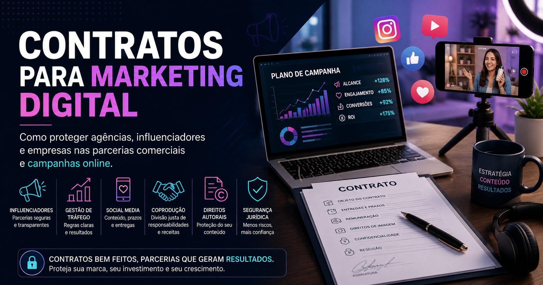 Capa: Contratos para Marketing Digital: Como Proteger Agências, Influenciadores e Empresas nas Parcerias Comerciais