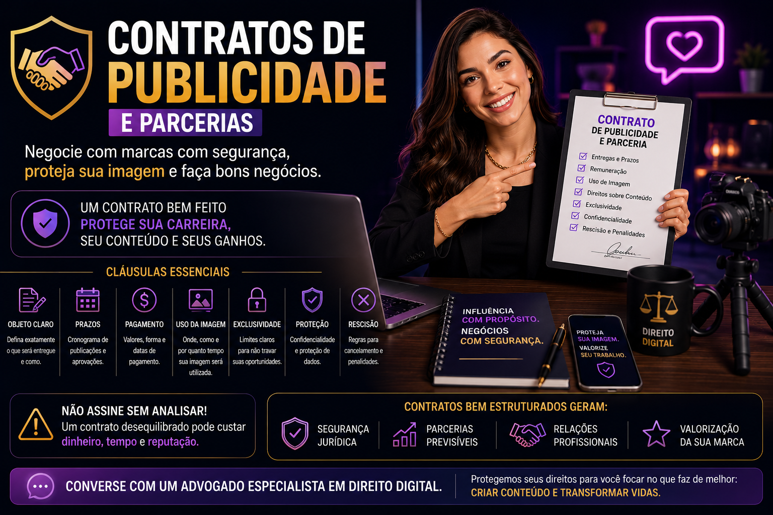 Capa: Contratos de Publicidade e Parcerias: Como Influenciadores Podem Negociar com Marcas sem Colocar sua Carreira em Risco